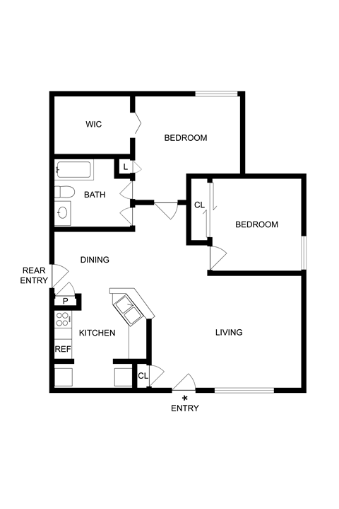 Floor plan for 2 beds, 1 bath, 861 sqft